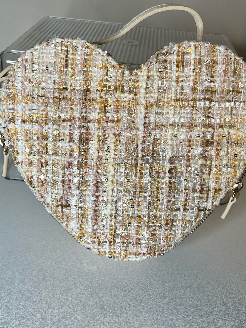 LC Lauren Conrad Heart-Shaped Tweed Bag in Cream, Pink, and Gold
